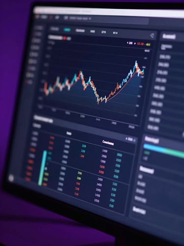 Close-up of a dark-mode financial dashboard on a monitor, neon violet accents, shallow depth of field, sharp technology focus.