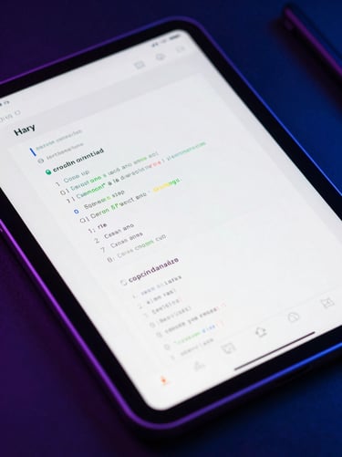 Over-the-shoulder view of a mobile UI layout showing clean code and interface wireframes on a tablet, neon blue ambient light.