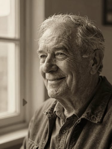 A moving portrait of an elderly grandfather smiling softly, warm window light, nostalgic sepia tones, subtle play icon.
