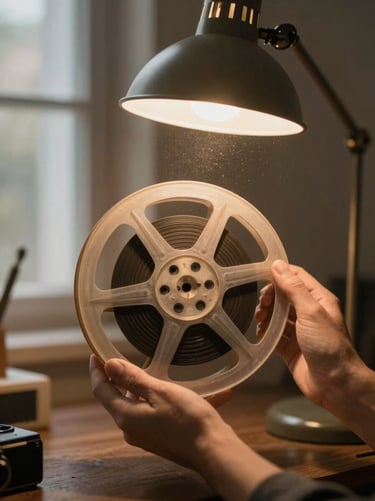 Hands holding a vintage film reel under a warm desk lamp, cinematic dust motes, subtle play icon.