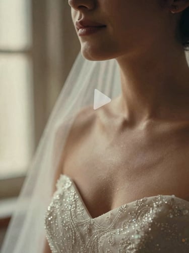 Cinematic close-up of a vintage wedding portrait, soft light, film grain, a subtle play icon overlay.