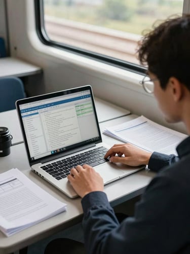 Wide-angle over-the-shoulder view of a trainee at a desk studying a data dashboard on a laptop screen, natural north-facing classroom light, technical notes and printed worksheets visible beside the keyboard