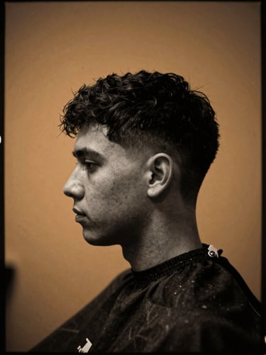 Black and white portrait of a young professional barber, sharp side profile, dramatic shadows, warm amber highlights