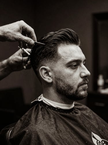 Black and white portrait of a classic barber styling hair, low-key lighting, rich textures