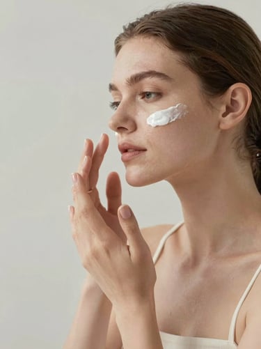 Lifestyle shot of a woman peacefully applying moisturizer, shot from a side angle. The color palette is dominated by Warm Off-White and Soft Silver Mist, creating an airy and inspiring mood.