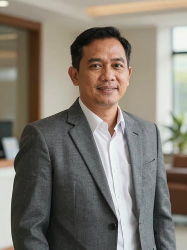 Professional corporate portrait of an Indonesian male bank executive, warm professional lighting, soft background, experienced and professional look.