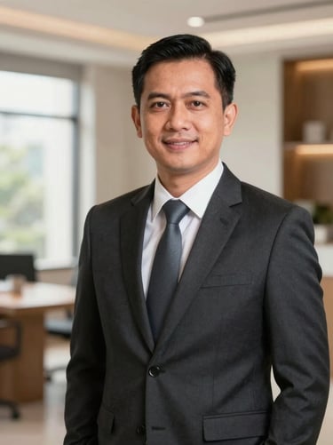 Professional corporate portrait of an Indonesian male bank executive in a neat dark suit, warm professional lighting, soft studio background, trustworthy expression.