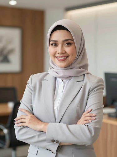 Professional corporate portrait of an Indonesian female bank executive, warm professional lighting, soft background, confident and welcoming smile.