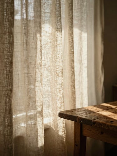 Sun-dappled linen curtains blowing in soft morning light next to a rustic wooden table.