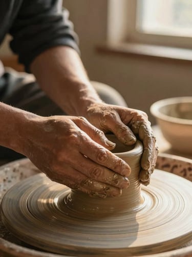 Close-up of hands kneading clay in a sunlit pottery studio, warm side-light, focus on texture.