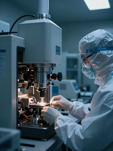 A close-up of a high-tech cleanroom facility with a technician in protective gear operating precision equipment under cool blue technical lighting.