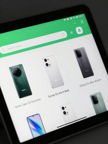 Detailed screen display of an Android tablet running a custom retail kiosk interface, high contrast, cool studio lighting with electric green accents, macro lens
