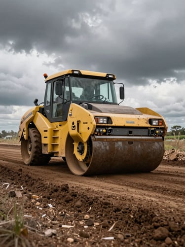 Wide panoramic shot of a freshly compacted soil road, heavy road roller tracks visible, dramatic steel-grey sky.