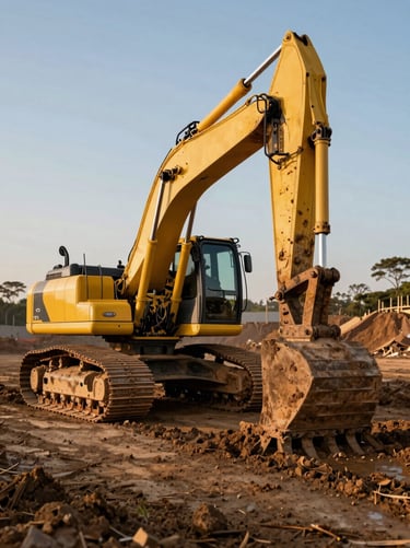 Dramatic shot of heavy excavator tracks deep in the mud of a large construction site in Águas Lindas, golden hour lighting.