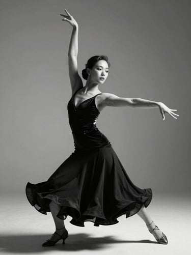 Dramatic portrait of a female ballroom dancer, elegant posture, high contrast black and white spotlighting.