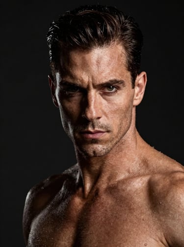 Dramatic portrait of a male ballroom dancer, intense gaze, spotlight lighting, dark background, high contrast.