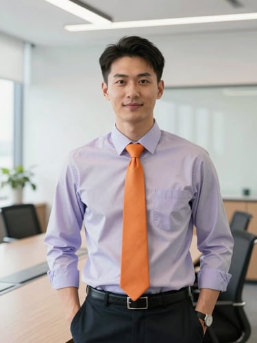 Professional portrait of a male corporate consultant in a bright boardroom, clean natural lighting, orange tie, confident expression, 35mm