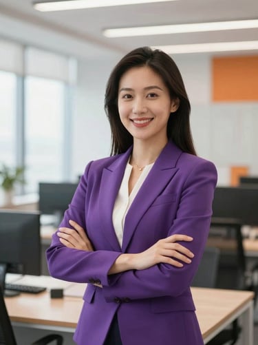 Professional portrait of a corporate female facilitator in a modern office, bright natural lighting, purple blazer, confident smile, 35mm