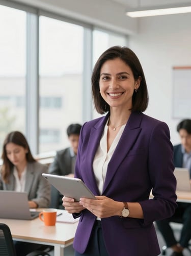 Professional portrait of a female corporate trainer in a bright collaborative workspace, natural window light, smiling, 35mm