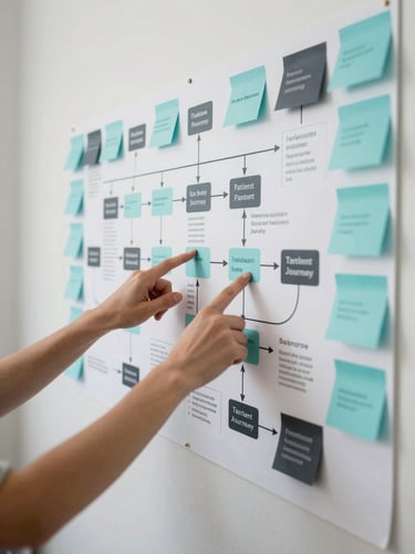 Wide editorial shot of a large-format user journey map pinned to a white wall, annotations and sticky notes in teal and charcoal, hands of a designer pointing to a patient flow node, bright even north-facing studio light, close-up framing from left edge pulling into the right canvas edge
