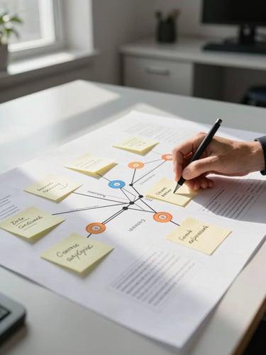 Wide environmental shot of a designer annotating a printed information architecture diagram laid flat on a large table, sticky notes clustering around navigation nodes, natural light from a window to the left, hands mid-gesture over the diagram, clinical office setting in background