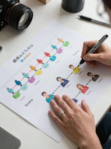 Close overhead shot of two side-by-side hand-drawn user behavior maps on large paper sheets, one labeled with clinical workflow nodes, one with patient journey steps, annotated with colored markers, bright even studio lighting, white desk surface