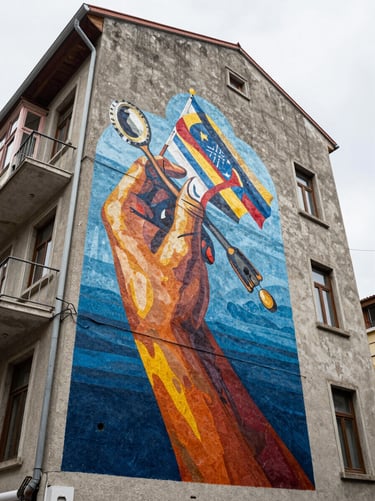 Low-angle architectural shot of a massive hand-painted mural on a building facade in Kadikoy, vibrant colors contrasting against gray concrete, daylight