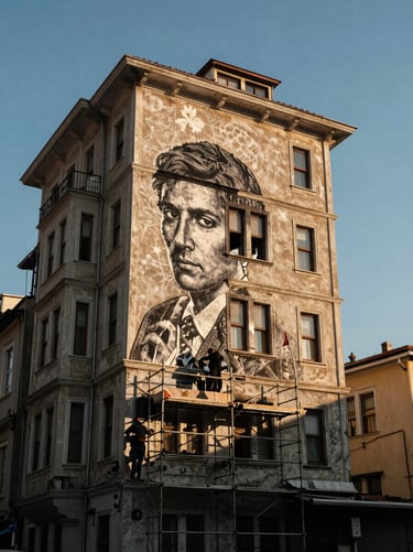 Dramatic golden hour shot of a high-altitude mural on a historic building in Besiktas, artists on scaffolding visible, high contrast