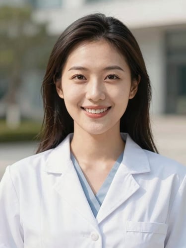 Professional portrait of a female social worker in bright daylight, smiling, clean professional attire, sharp focus, 35mm