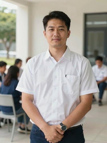Professional portrait of a male social worker in an outdoor community center, bright natural light, clean professional tones, 35mm