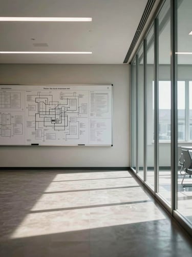 Wide shot of an empty conference room, a large planning board covered in precise diagrams and structured notation visible on the far wall, overhead recessed lighting casting sharp rectangular shadows on a polished floor, steel-framed floor-to-ceiling glass partition to the right, no people
