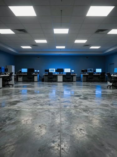 Wide panoramic shot of an empty operations floor at night, overhead fluorescent grids casting precise rectangular light pools on a polished concrete surface, deep blue ambient glow from inactive monitor banks along the far wall, architectural geometry dominant, no people