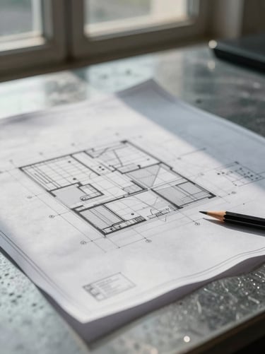 Extreme close-up of a detailed architectural blueprint spread across a steel work surface, precise drafting lines and grid intersections under cool north-facing window light, a mechanical pencil resting at the lower right edge, no people, high contrast shadows