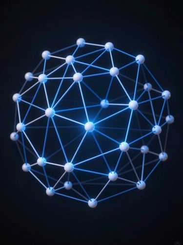 Symmetrical macro shot of a clean, structured node-based network diagram with blue glowing connection lines cutting through a dark background