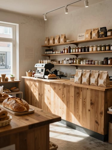 Wide environmental shot of a small specialty provisions shop interior — rough-plastered walls, a long wooden counter with a bread loaf and paper bags in the foreground, afternoon light cutting through a side window casting a diagonal shadow across the floor, no customers, quiet task-ready atmosphere