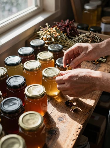 Extreme close-up overhead of hands arranging small-batch honey jars and dried herb bundles on a reclaimed wood market counter, early morning side-light from a single east-facing window, shadows long and unhurried, texture of rough wood grain visible beneath glass jars, no styling