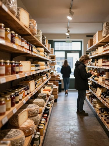 Wide portrait frame, specialty food market interior at opening hour — wooden shelves stocked with jarred preserves and wheels of aged cheese in the left third, a narrow aisle receding into warm overhead light in the background, cool north-facing natural daylight spilling from a front window, no customers, task-focused quiet