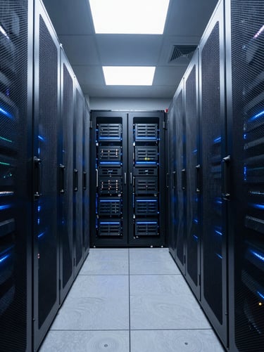 Symmetrical architectural perspective of a data center corridor, cool blue and silver highlights, sharp focus, 85mm lens