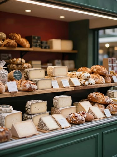 A beautifully organized modern food market stall with artisanal cheeses and fresh breads, soft overhead ambient glow.