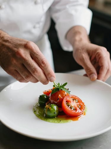 Close-up of chef's hands plating a vibrant heirloom tomato dish, natural side lighting, shallow depth of field.