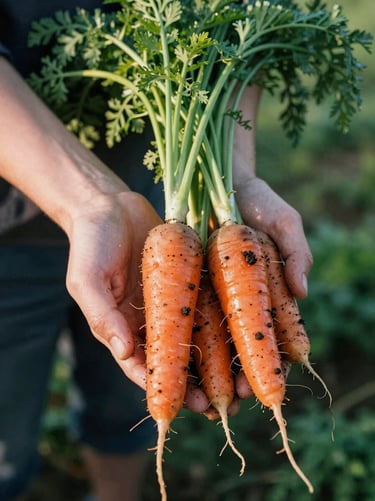 Hands holding freshly harvested carrots with damp soil on them, outdoor morning light, rustic organic feel.