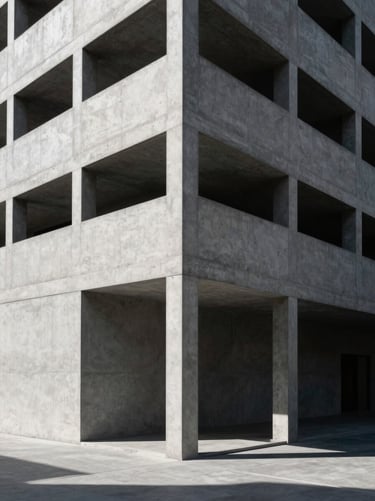 High-contrast architectural angle of a modern concrete building under direct, harsh sunlight, sharp shadows, minimalist composition.