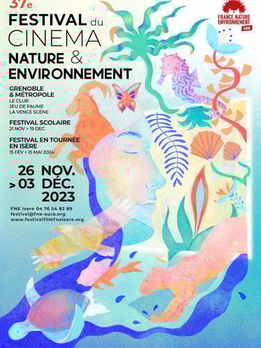 affiche illustrée représentant un visage regardant un écran d'où sortent des plantes et des animaux