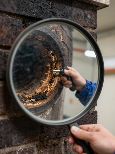Angled close-up of a chimney inspection mirror reflecting a flue interior, technician's hand holding the mirror steady, dark chimney walls visible in the reflection with task lighting picking out creosote deposits, shallow depth of field