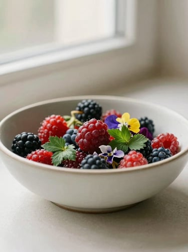 Minimalist ceramic bowl with wild berries and edible flowers, soft window daylight, shallow depth of field, warm editorial style