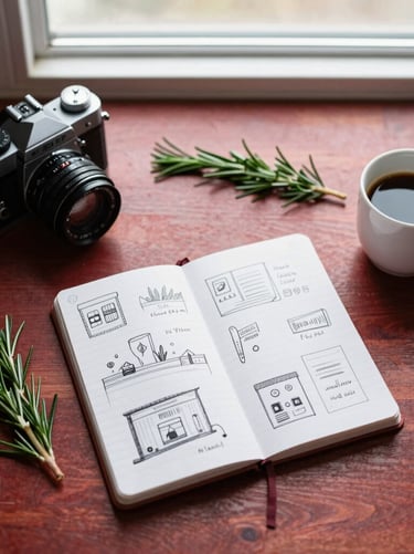 Flatlay of a wooden desk with a vintage camera, a notebook with hand-drawn layouts, fresh rosemary sprigs, and a cup of coffee