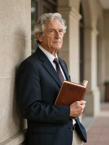 A senior student in a North American / US high school setting, leaning against classic architecture, holding a leather-bound book. Warm, nostalgic lighting, soft shadows, sophisticated atmosphere.