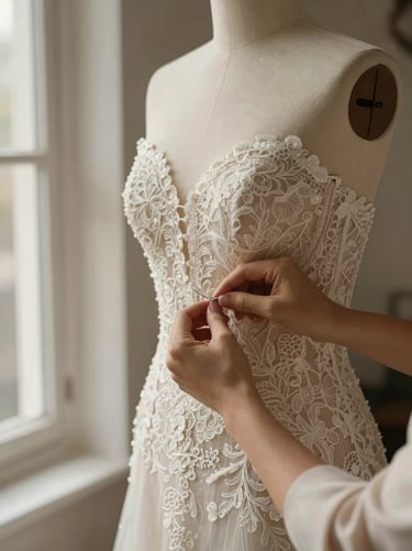 Close-up of a master tailor pinning a delicate lace wedding gown on a mannequin, warm natural window light casting soft shadows, muted cream tones, 35mm