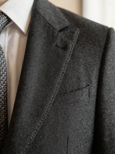 Macro shot of perfect hand-stitched lapel on a bespoke charcoal wool suit jacket, warm natural light, shallow depth of field, 35mm