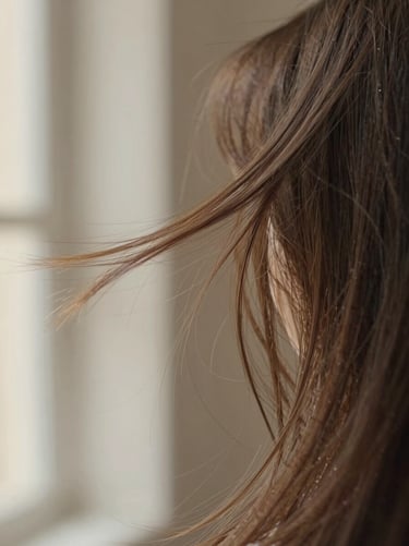 Macro shot of soft hair movement, warm editorial beauty photography, shallow depth of field